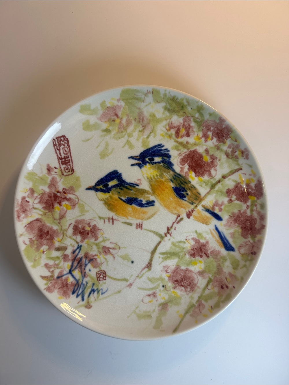 Hand-Painted Ceramic Plate with a pair of love birds and Floral Motif